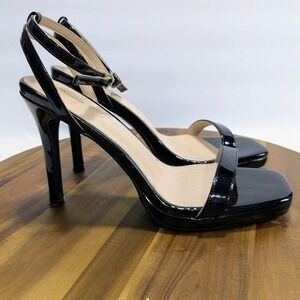 Elisabet Tang Black‎ 7.5 Patent Leather Square Toe Stiletto Ankle Strap Sandals